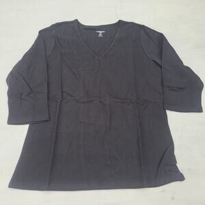Liz Claiborne Essentials Black V-neck 3/4 Sleeve Blouse Top L Black EUC